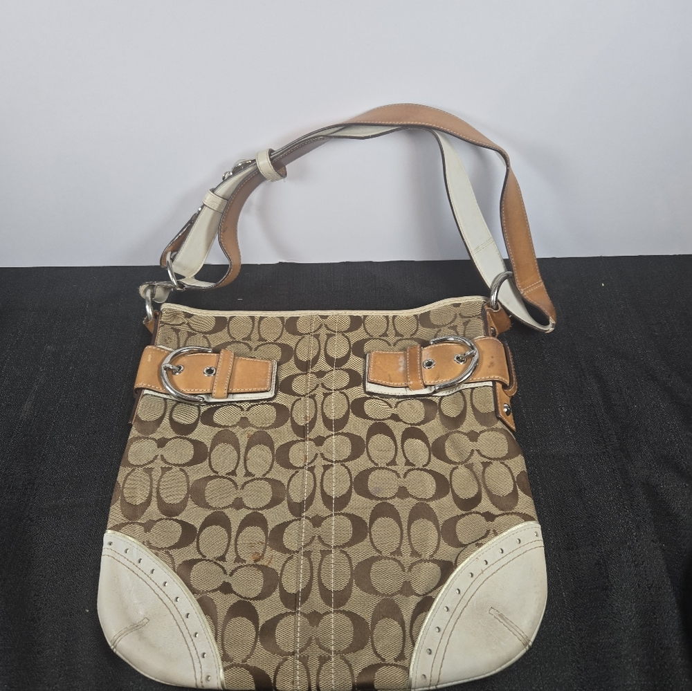 Coach White and Brown Crossbody Bag with Signature Pattern